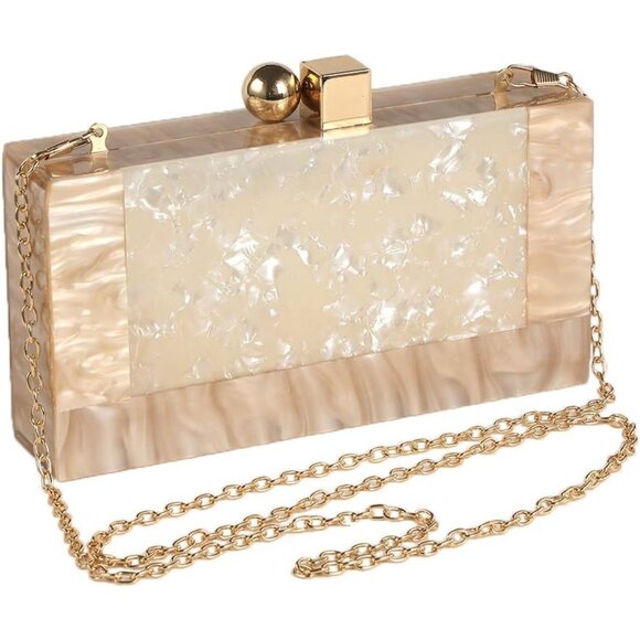 ⚡ Women's Acrylic Evening Glitter Marble Metal Clasp Cream Clutch Handbag - Picture 1 of 9